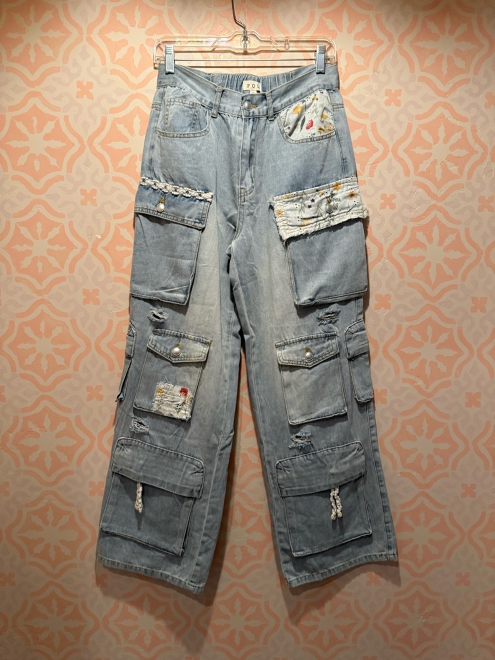 POL Light Wash Patchwork Cargo Jeans with Embroidery